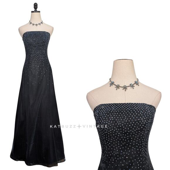 Vintage Jump Prom Dress Maxi Ball Gown 4 Blue Black Y2K Metallic Princess Goth - Picture 1 of 14